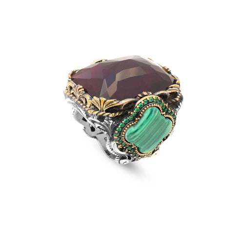 Amethyst & Malachite Ring – Large Statement Chunky Silver Whiskey Barrel Ottoman Vintage Ring – Engagement Promise Gift for Husband