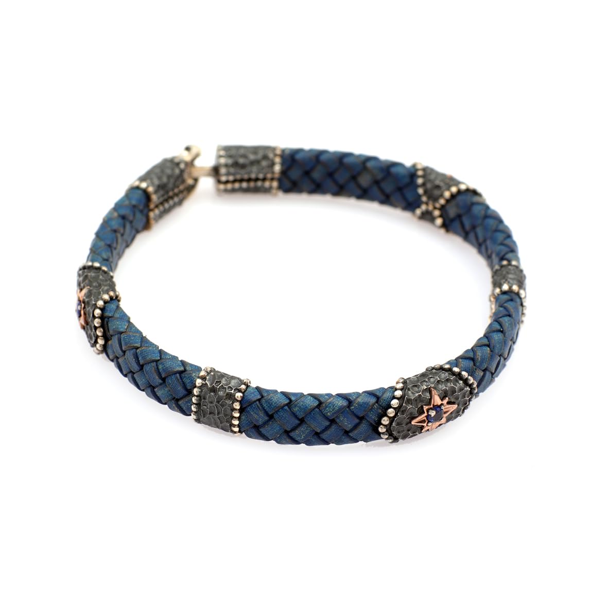 Silver Natural Sapphire Stone Bracelet for Men – Handmade Sterling Silver & Leather Vintage Bracelet – Personalized