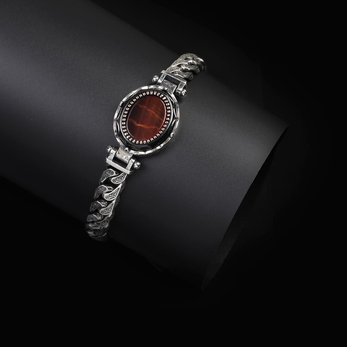 Made to Order Personalized Gothic Vintage Pattern 925 Sterling Silver Chain Bracelet for Men with Oval Tiger Eye Gemstone - Hand-Engraved Handmade Bracelet