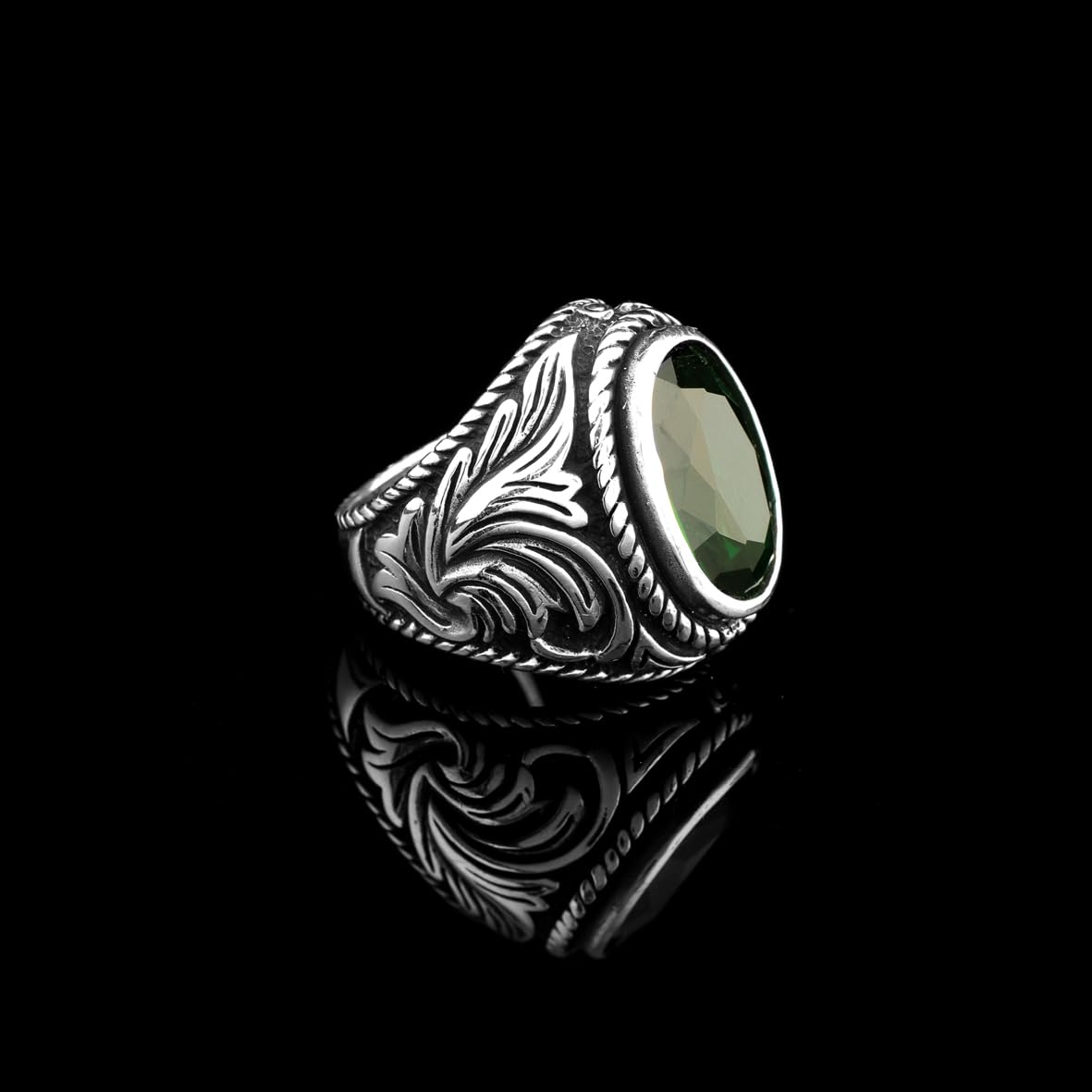 Mens Emerald Ring – Oval Ottoman Style Sterling Silver Gemstone Ring