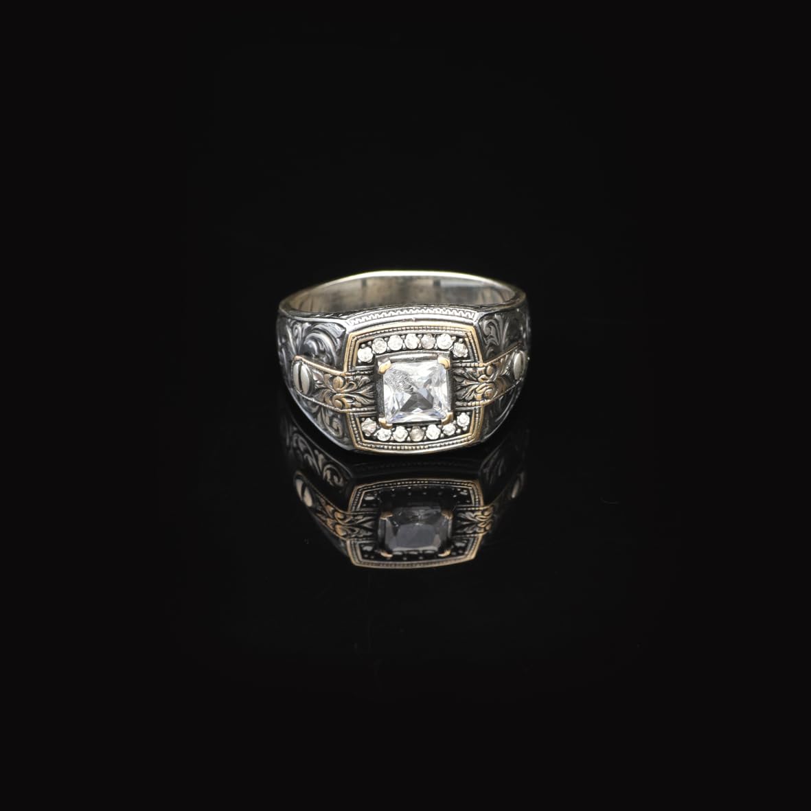 Vintage White Sapphire Pinky Ring - Men's Gemstone Engagement Ring in 925 Sterling Silver - Turkish Handmade Polished Ring with Micro Stone and Silver Polishing Cloth Gift