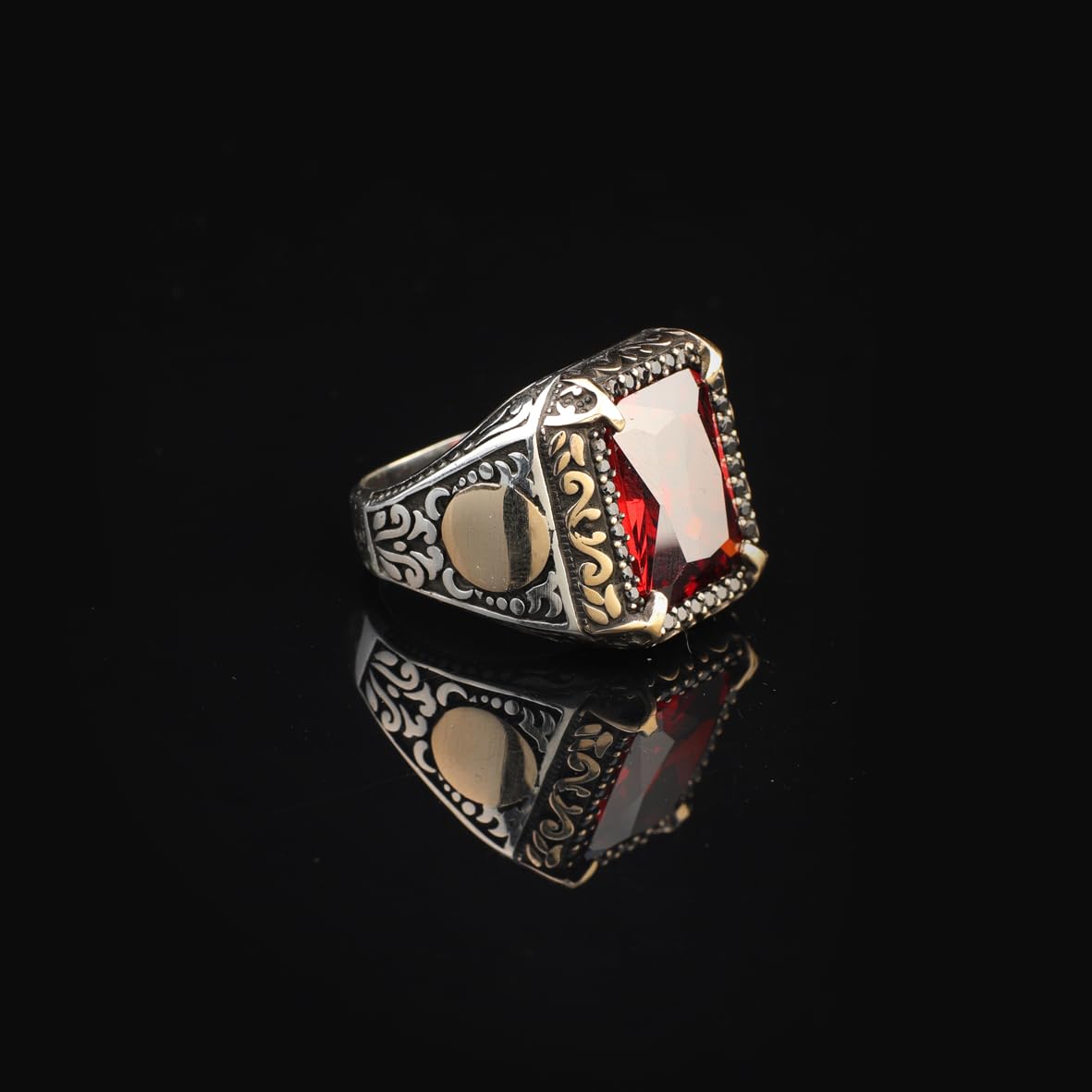 Handmade Mens Sterling Silver Garnet Ring – Ottoman Vintage Gemstone Engagement Ring with Custom Engraving & Gift Silver Polishing Cloth