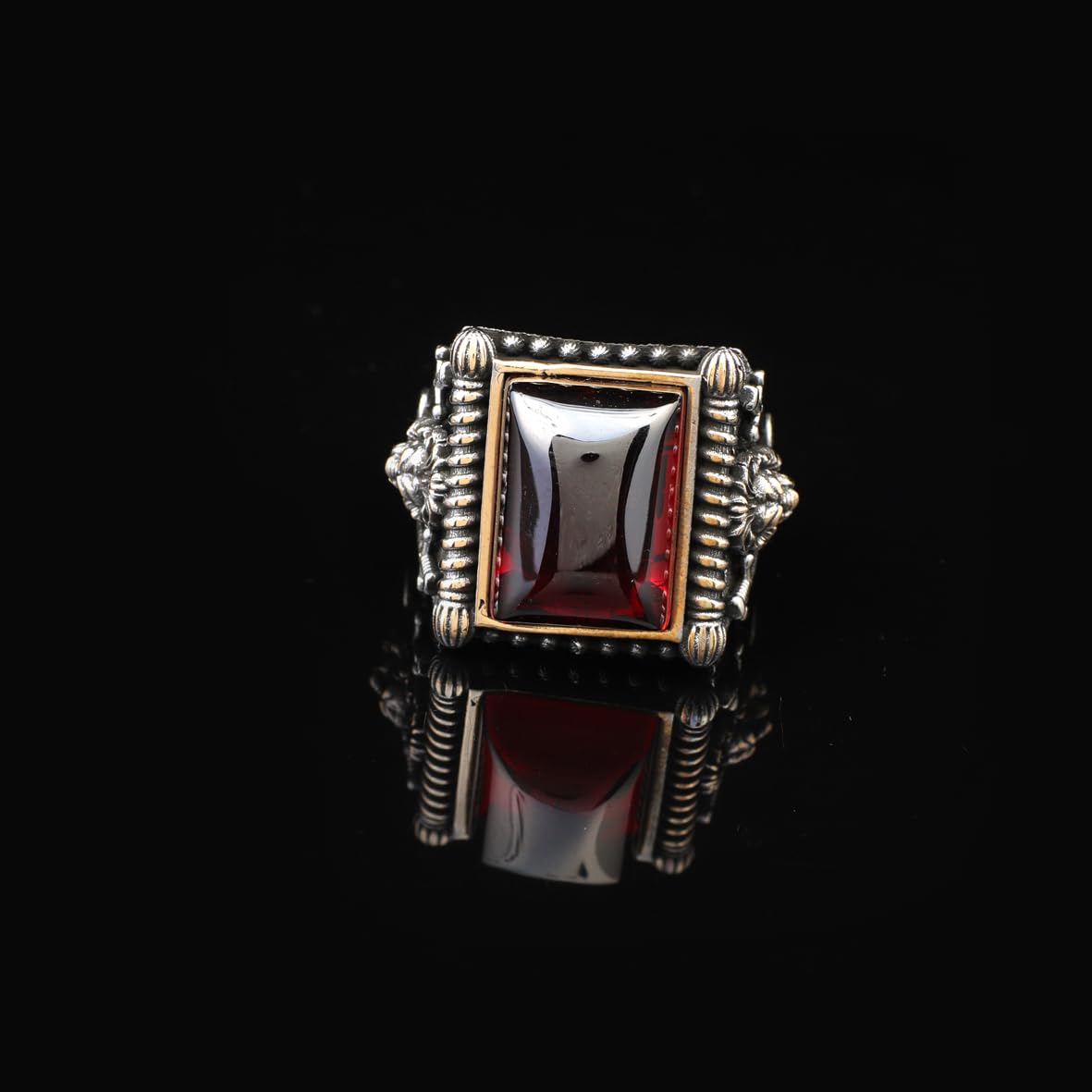 Ruby Lion Ring with Sword Design – Vintage Handmade Sterling Silver Ring for Men