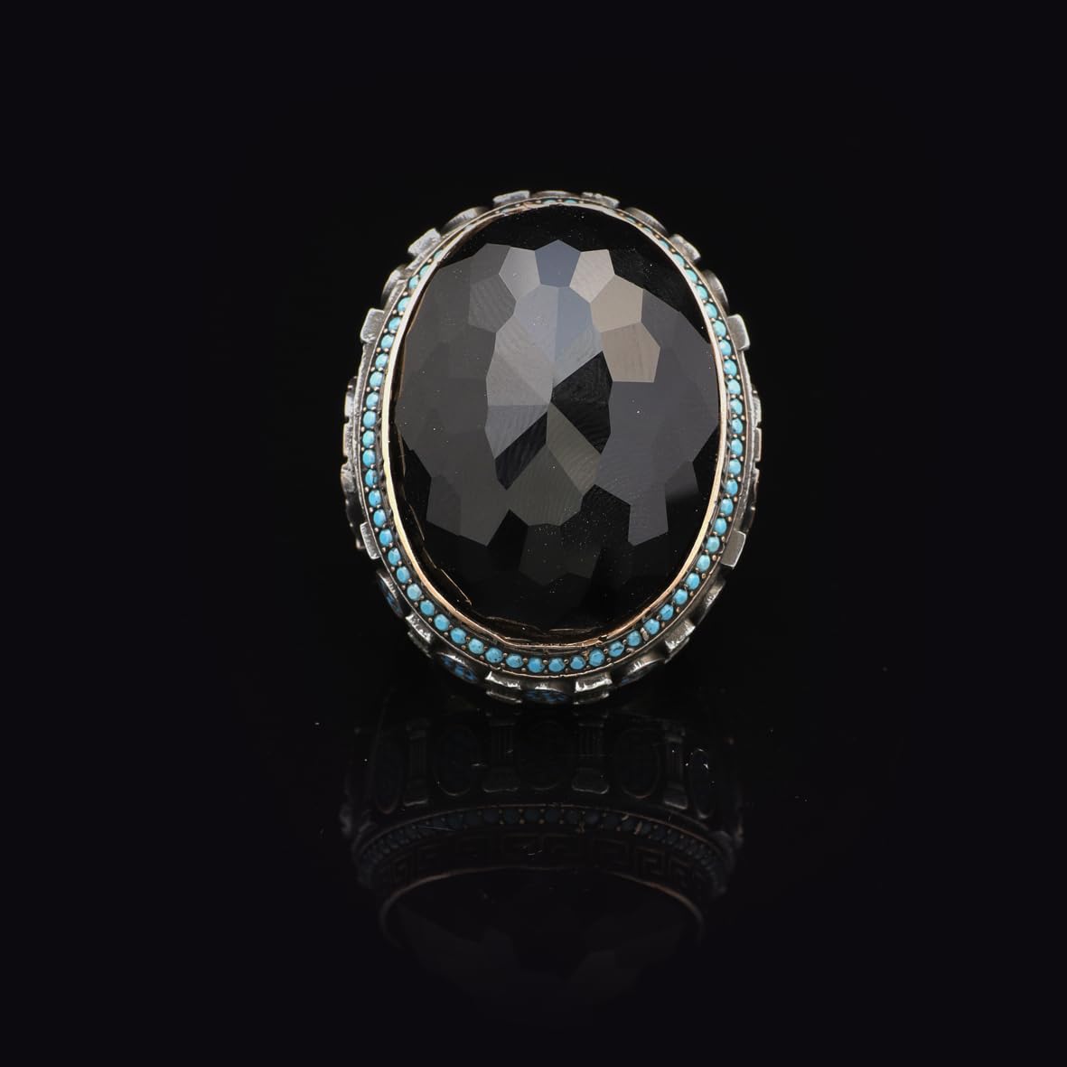 Black Onyx Ring with Micro Turquoise Stone – Large Oval Vintage Men’s Ring in Polished 925 Sterling Silver