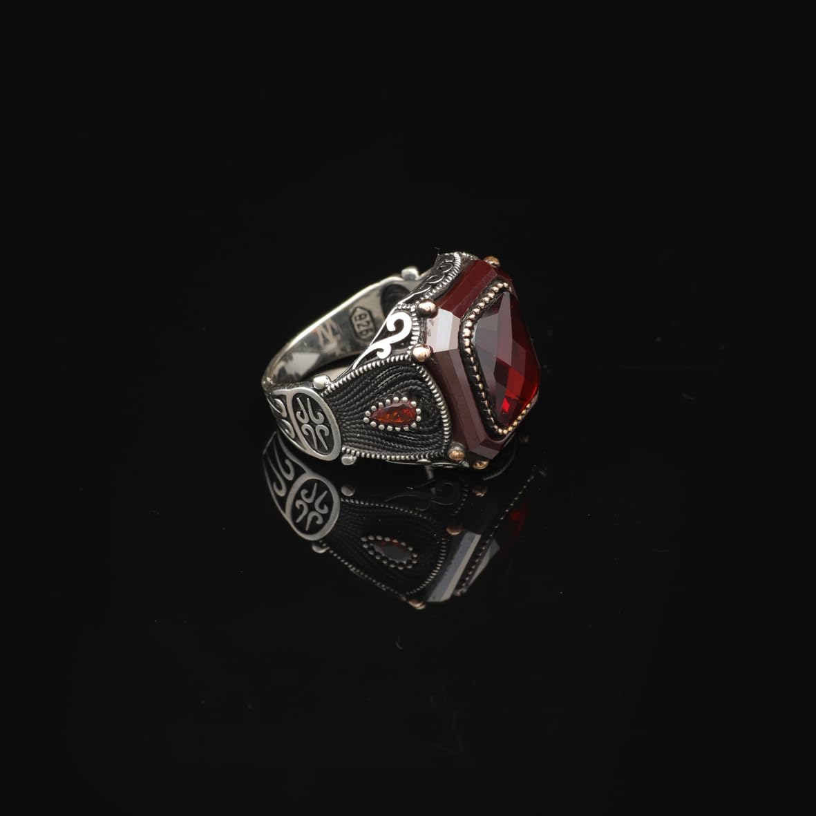 Handmade Vintage Men's Garnet Ring - 925 Sterling Silver Turkish Gemstone Ring