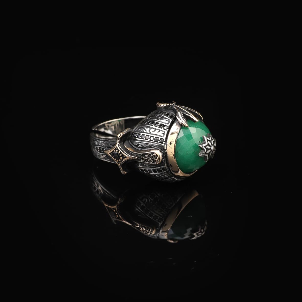Handmade Emerald Gemstone Ottoman Style Sword Ring for Men Vintage 925 Sterling Silver