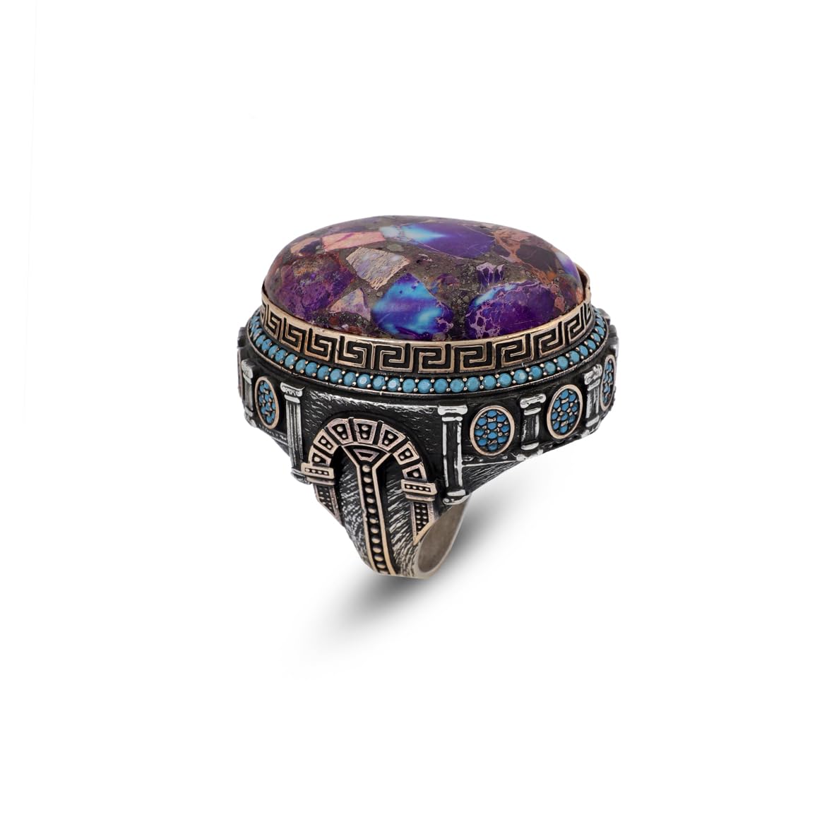 Handmade Special Turquoise and Micro Stone Ring – Large Oval Stone in Vintage Polished 925 Sterling Silver