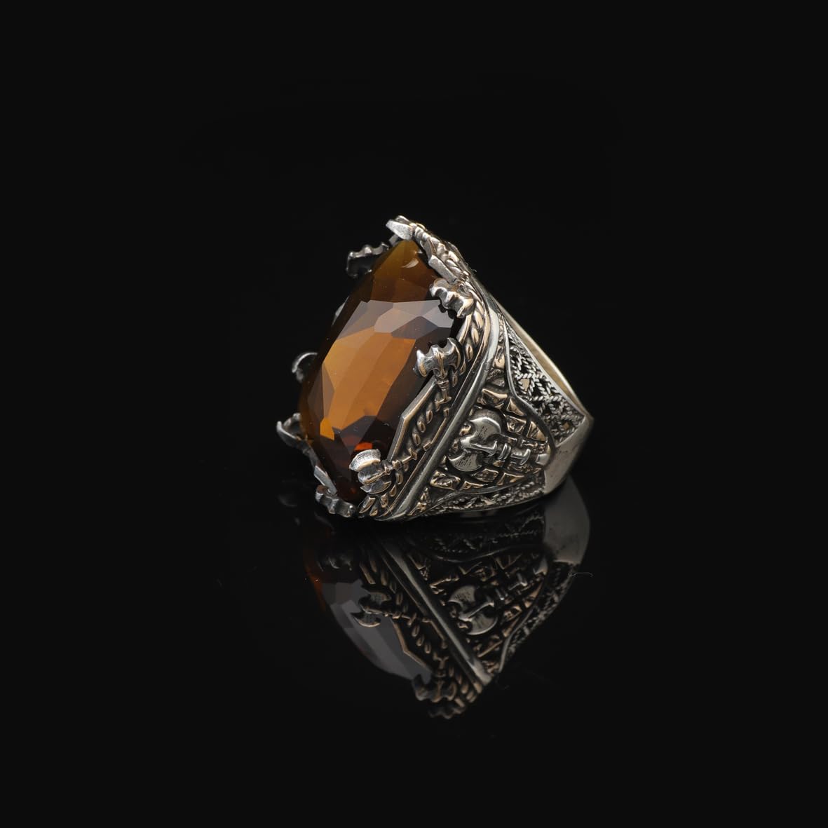 Vintage Large Citrine Ax Ring for Men - 925 Sterling Silver Turkish Handmade Polished Engagement Ring with Silver Polishing Cloth Gift