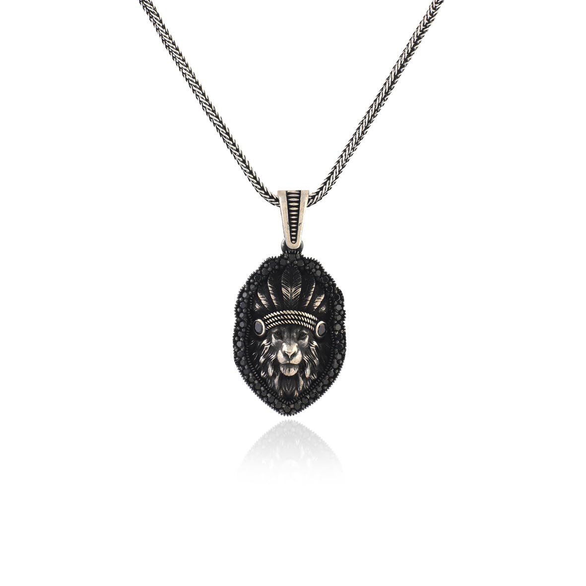 Lion Necklace with Micro Onyx Stone – American Indian Chief Gothic Sterling Silver Biker Pendant - Sterling Silver Lion Necklace