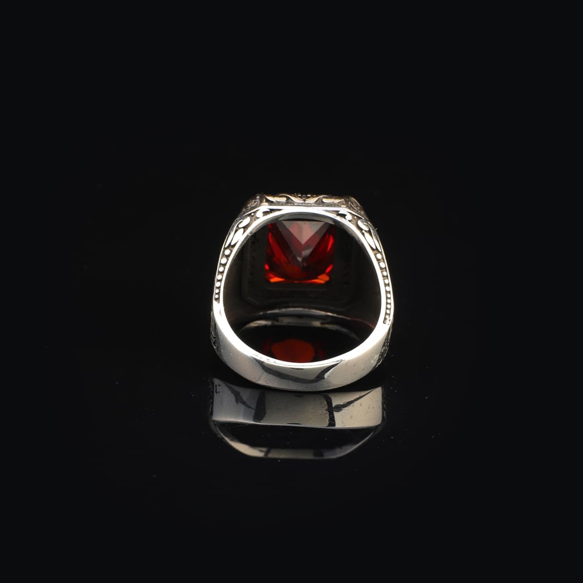 Handmade Mens Sterling Silver Garnet Ring – Ottoman Vintage Gemstone Engagement Ring with Custom Engraving & Gift Silver Polishing Cloth