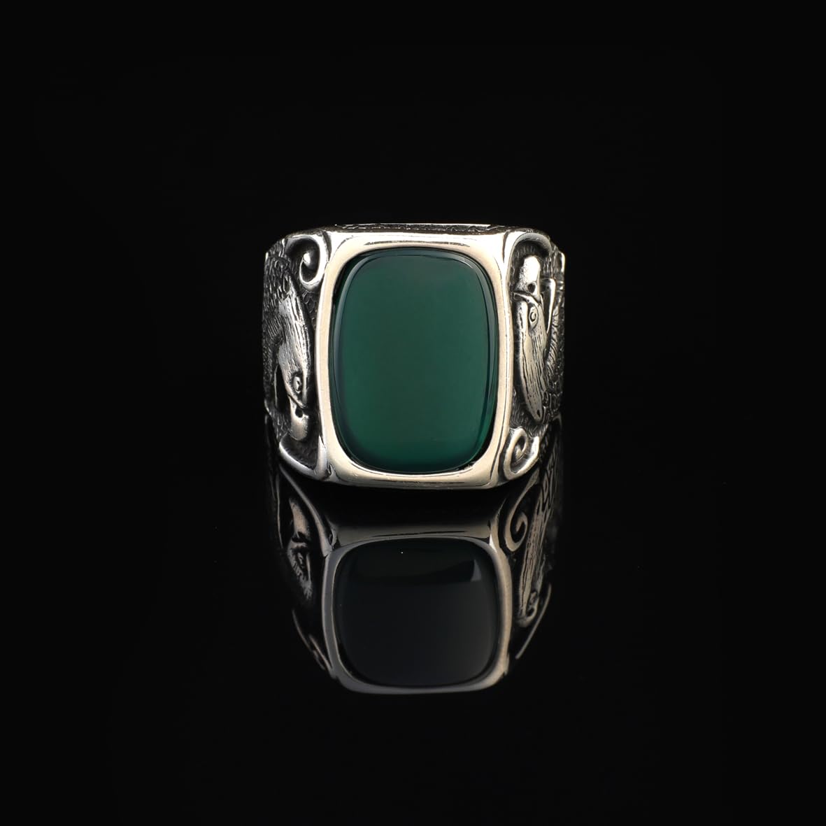 Men's Sterling Silver Eagle & Jade Ring – Vintage Signet Gemstone Ring