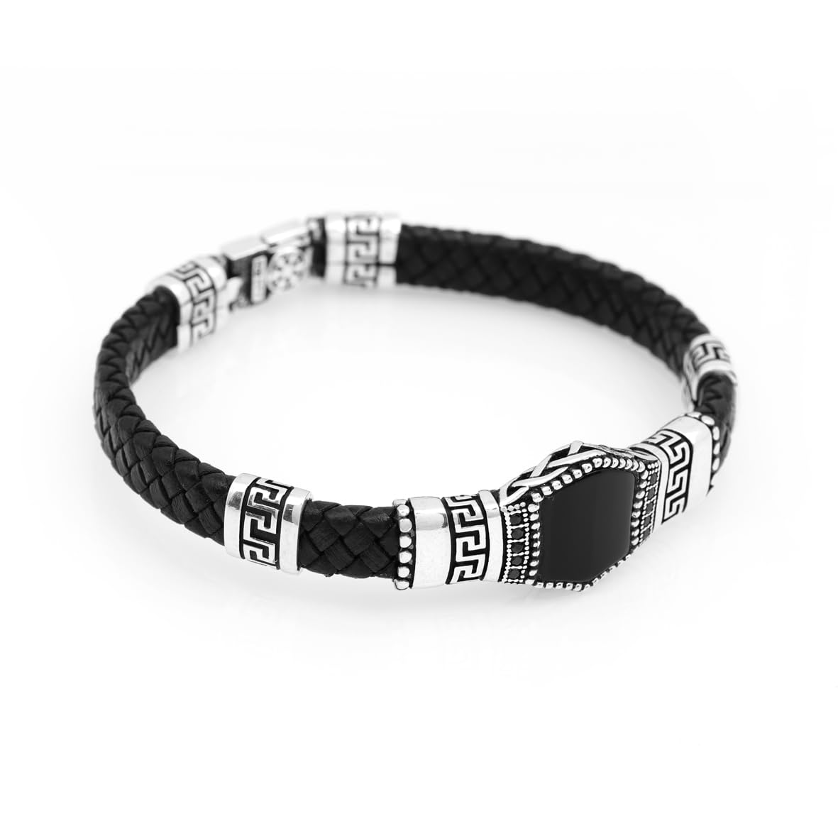 Sterling Silver Bracelet for Men – Leather and Natural Onyx Stone – Hand-Engraved