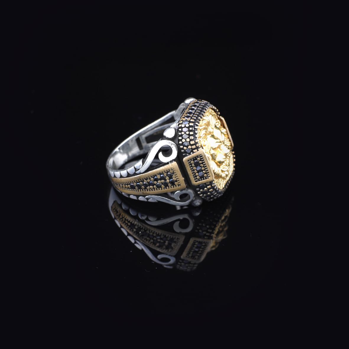 Handmade Lion Custom Signet Ring for Men - Micro Onyx Gemstone