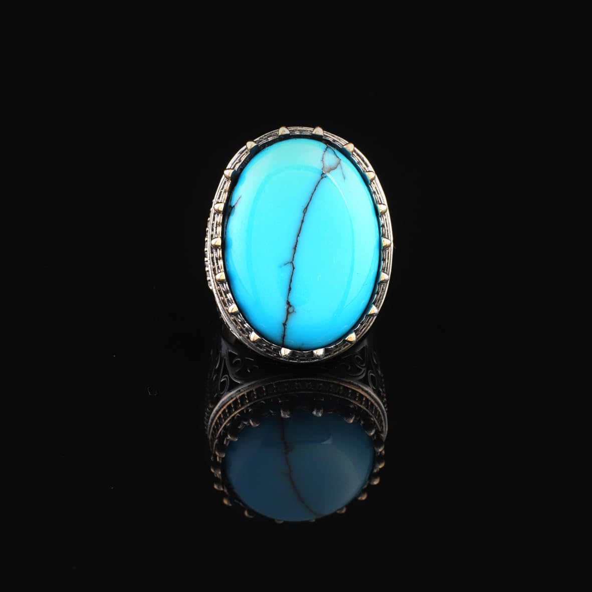 Men's Turquoise Ring with Micro Onyx Stone - Chunky Sterling Silver Gemstone Engagement Ring - Handmade Ottoman Style - Custom Engraving - Vintage Ring