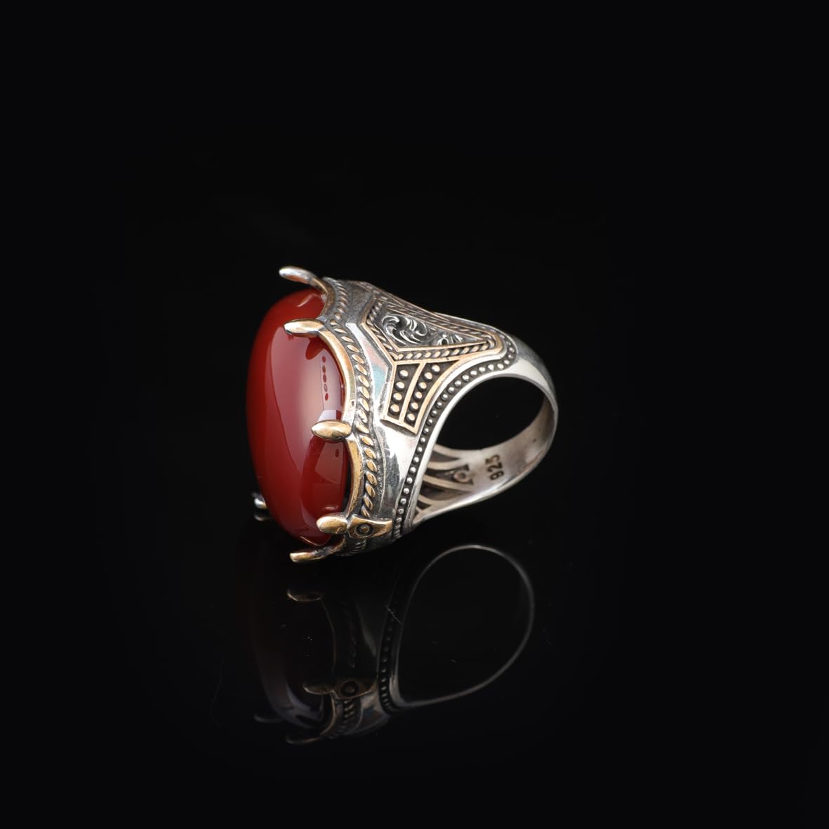 Handmade Carnelian Ring with Oval Gemstone - Large Ottoman Style Men's 925 Sterling Silver Gemstone Ring