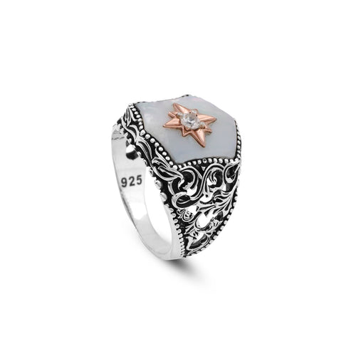 925 Sterling Silver Men's Ring - Handmade Mother of Pearl and Star Gemstone Ring with Polishing Cloth Gift