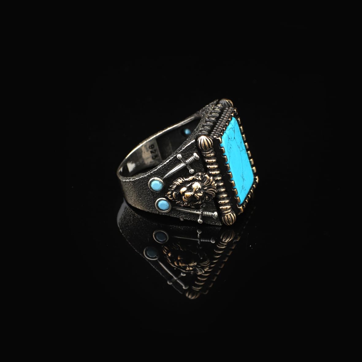Mens Turquoise Lion Ring – Sword Animal Signet Gemstone in Sterling Silver