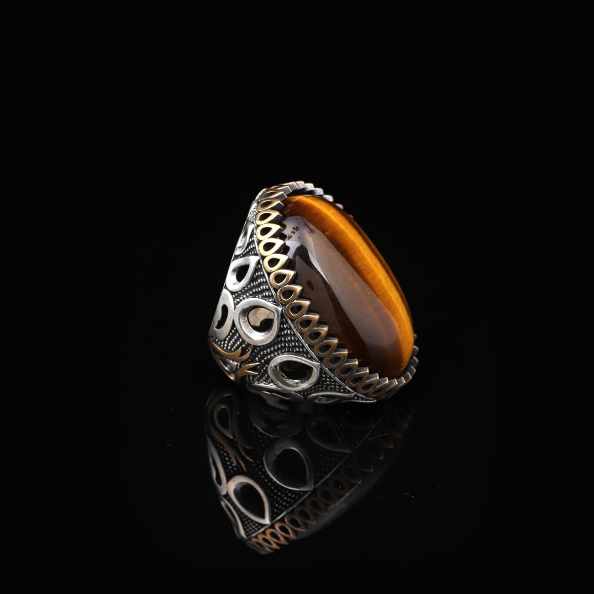 Tiger Eye Ring - Oval Gemstone Men's Vintage Handmade Ottoman Design - 925 Sterling Silver Rings with Silver Polishing Cloth Gift