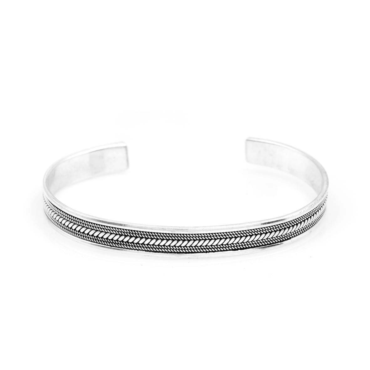 Men Thick Silver Band Bracelet – Handmade Sterling Silver Cuff Bracelet with Embroidered Design