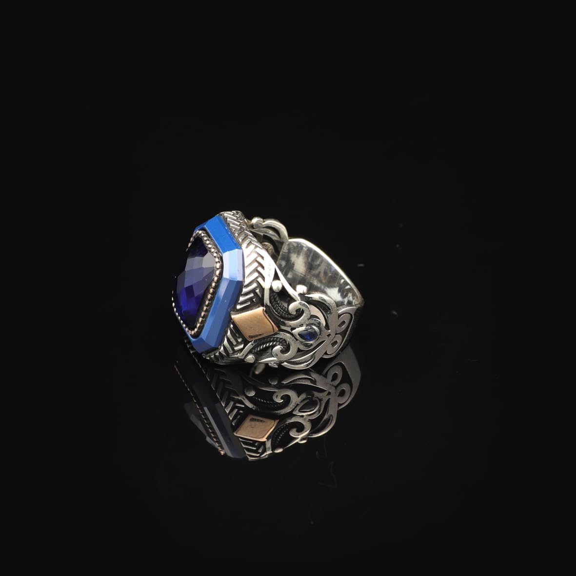 Handmade Vintage Blue Sapphire Ring - Polished 925 Sterling Silver Men's Gemstone Ring