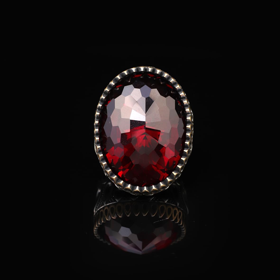 Handmade Garnet Ring with Oval Stone - Vintage Ottoman Style Men's 925 Sterling Silver Gemstone Ring + Silver Polishing Cloth Gift