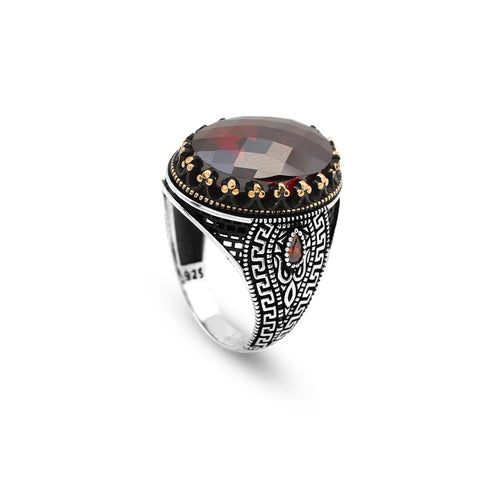 925 Sterling Silver Garnet Ring – Oval Ottoman Gemstone Ring for Men