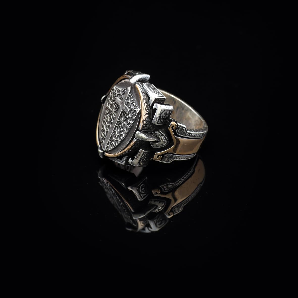 Vintage Shield Cross Signet Ring for Men - 925 Sterling Silver Christian Statement Ring - Polished Handmade Engagement Ring with Custom Engraving