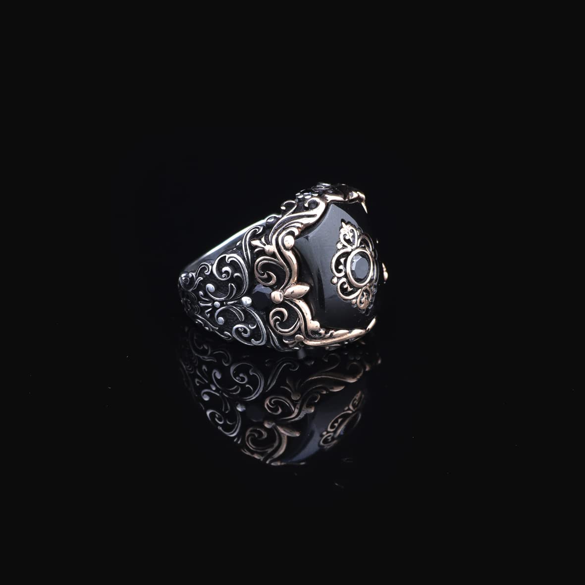Black Onyx Ring with Vibrant Ottoman-Inspired Patterns