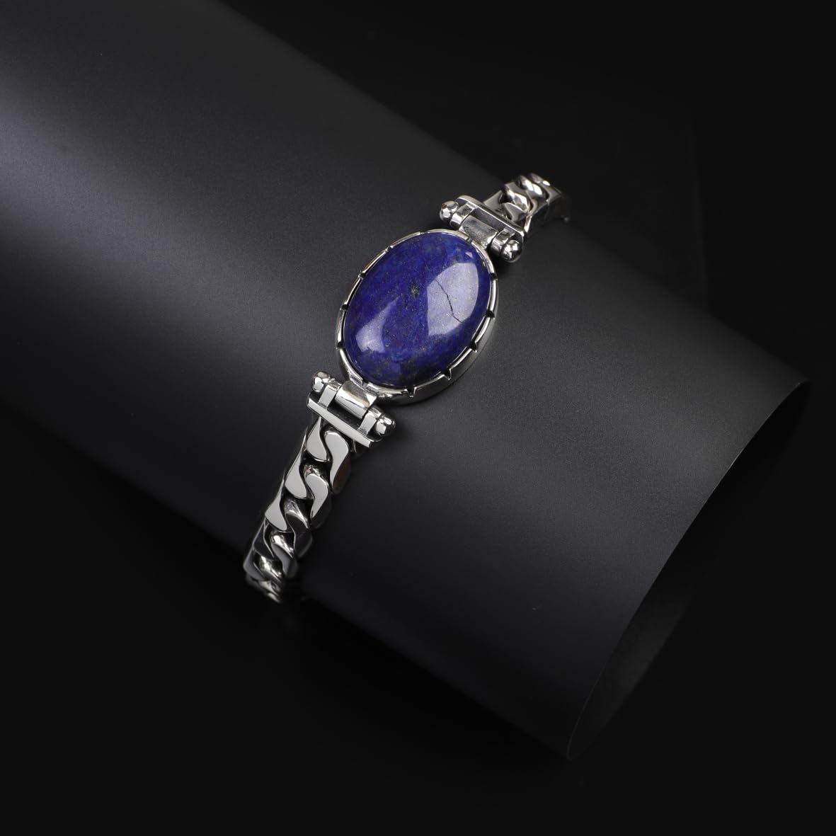 Lapis Lazuli Oval Stone Made to Order Gemstone 925 Sterling Silver Bracelet - Personalized Men's Gothic Vintage Handmade Chain Bracelet with Hand-Engraved Design
