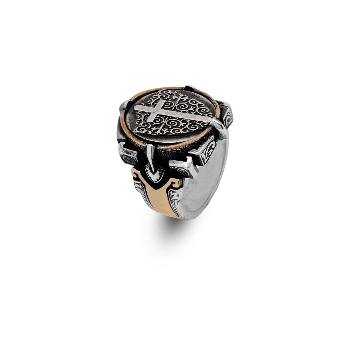 Vintage Shield Cross Signet Ring for Men - 925 Sterling Silver Christian Statement Ring - Polished Handmade Engagement Ring with Custom Engraving