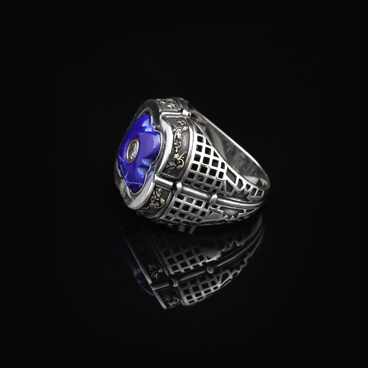 Lapis Lazuli Ring with White Sapphire Accent - Handcrafted Vintage Men's Sterling Silver Sword Gemstone Ring with Micro Stone Detail and Silver Polishing Cloth Gift