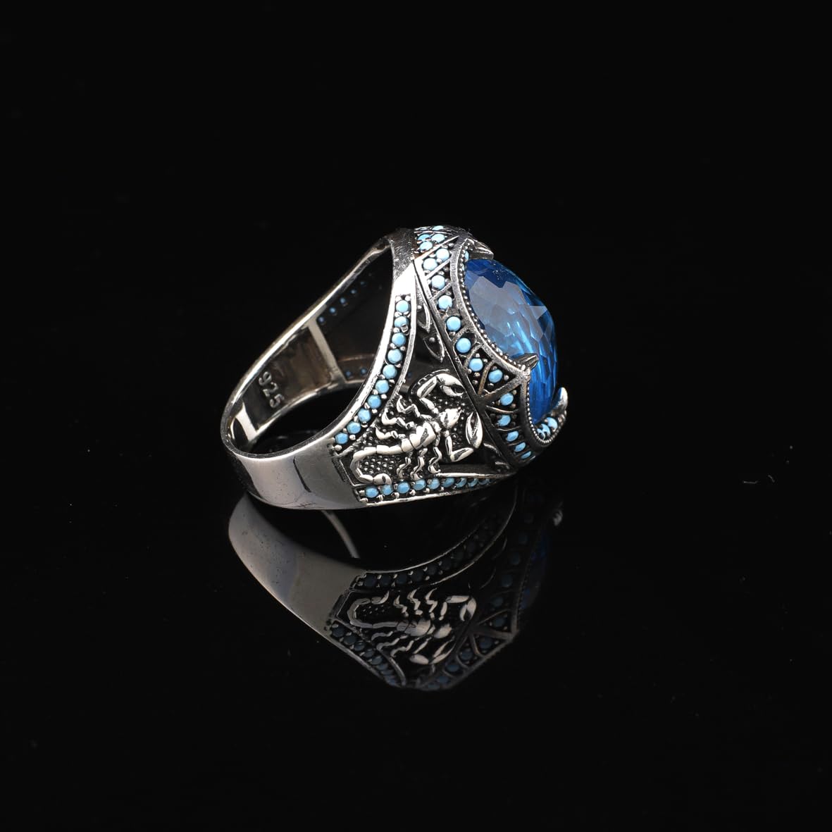 Handmade 925 Sterling Silver Scorpion Ring for Men - Man Silver Aquamarine Stone Ring - Unique Gemstone Jewelry with Aquamarine Stone and Silver Polishing Cloth Gift