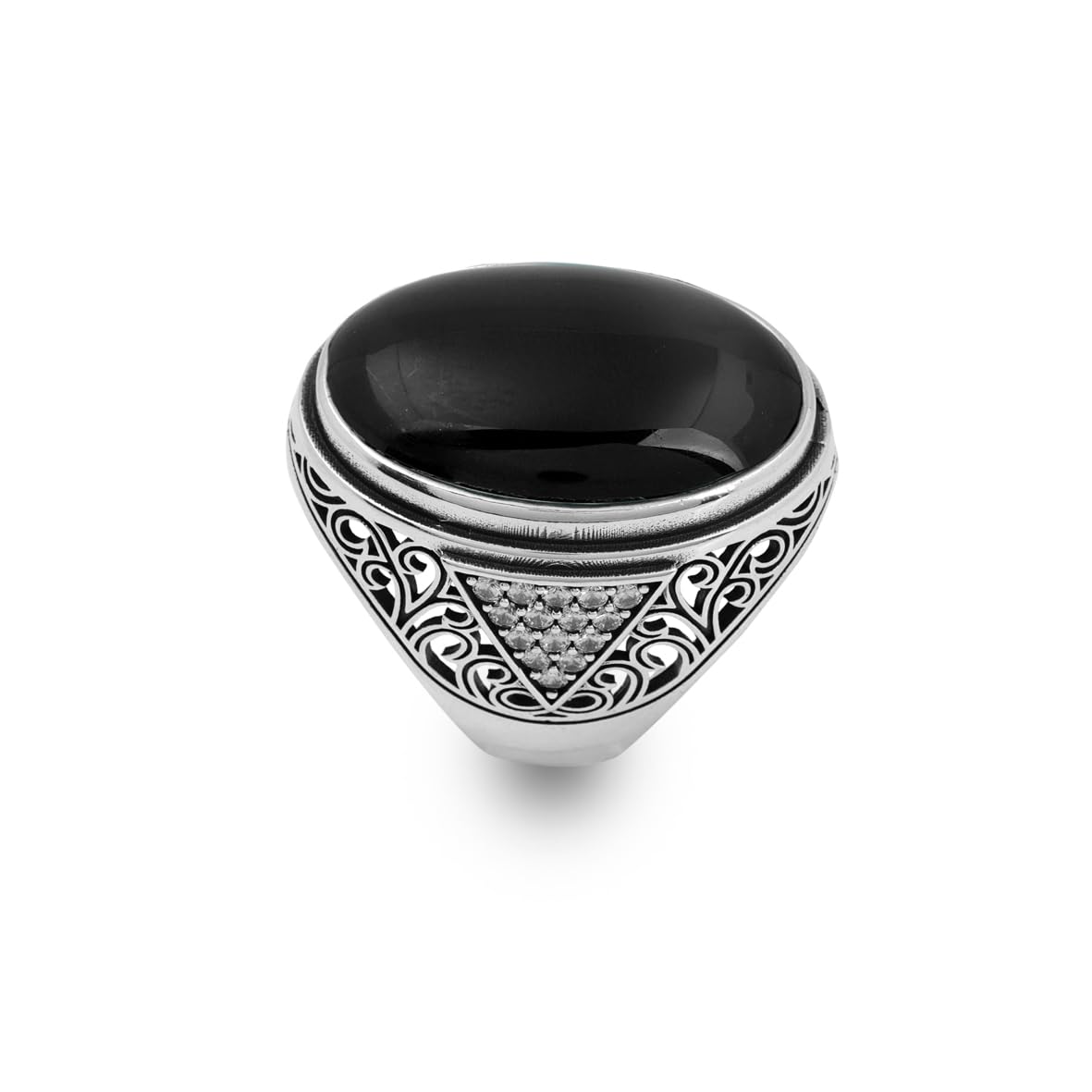 Mens Black Onyx Ring – Chunky Sterling Silver Ring with Micro Sapphire