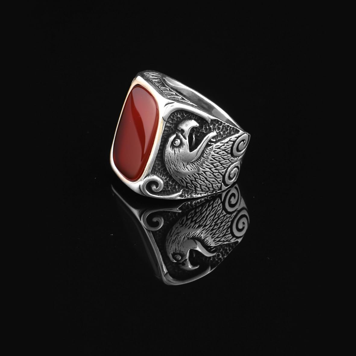 Vintage Eagle Ring with Carnelian Gemstone - Custom Engraved Sterling Silver Signet Ring