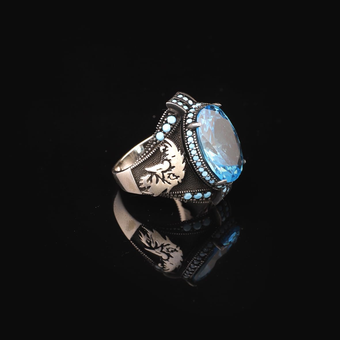 Aquamarine Stone Custom Animal Eagle Ring for Men - Handmade 925 Sterling Silver Jewelry