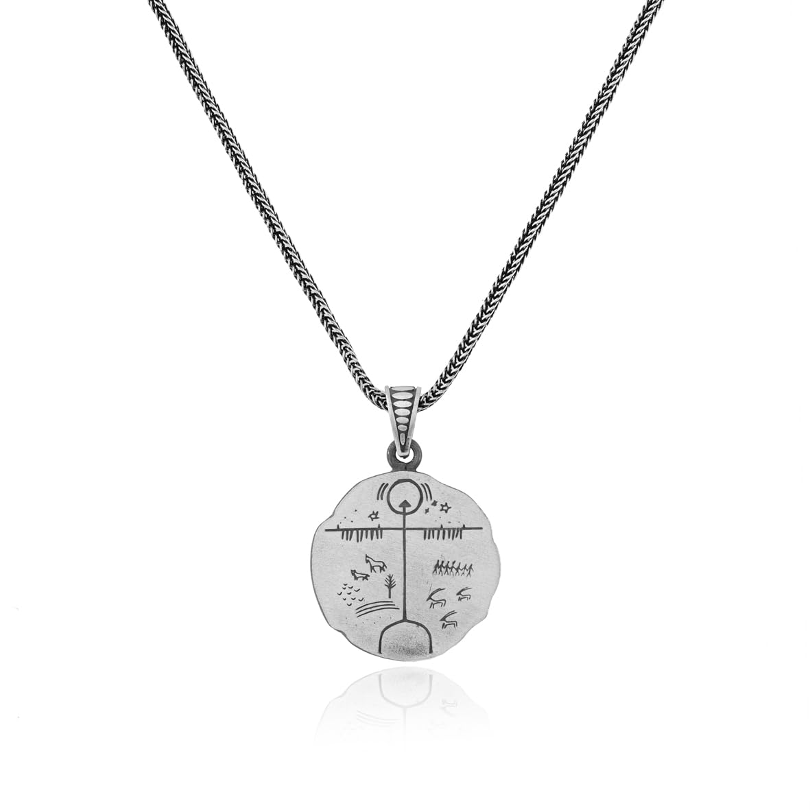 Shaman Motif Cam Drum Necklace – Sterling Silver Mens Pendant on Silver Chain