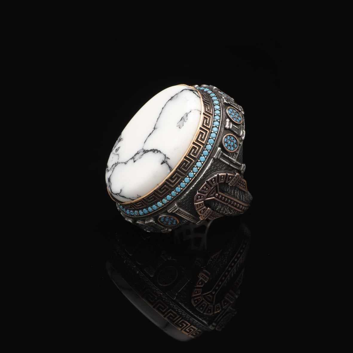 White Turquoise Ring with Micro Turquoise Stone – Large Oval Vintage Men’s Ring in Polished 925 Sterling Silver