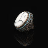 White Turquoise Ring with Micro Turquoise Stone – Large Oval Vintage Men’s Ring in Polished 925 Sterling Silver — image 5