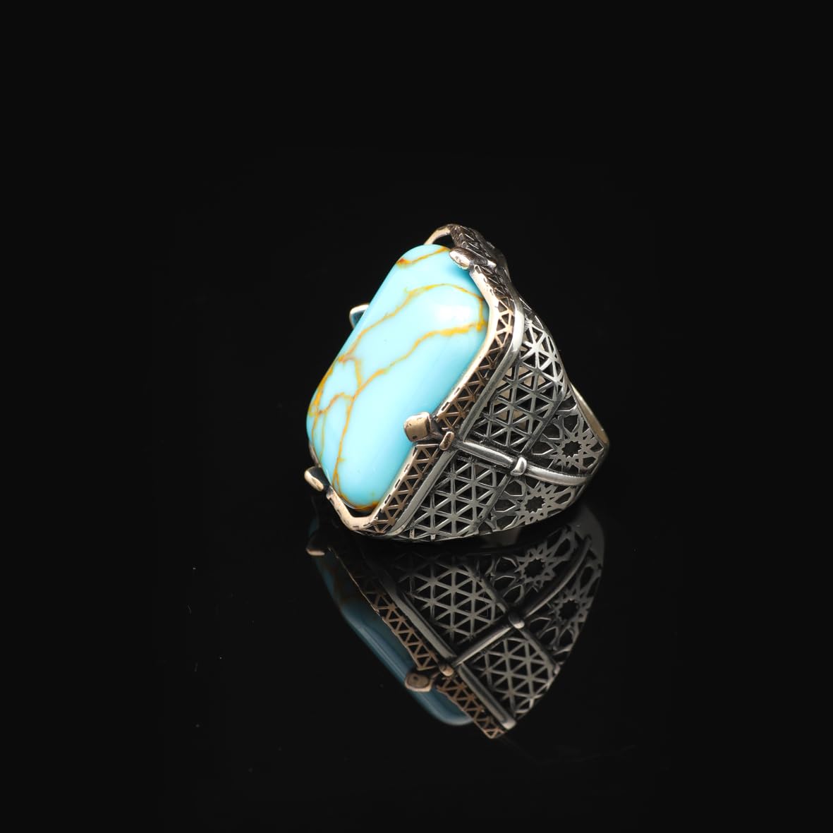 Vintage Large Turquoise Ring for Men - 925 Sterling Silver Turkish Handmade Polished Engagement Ring with Silver Polishing Cloth Gift