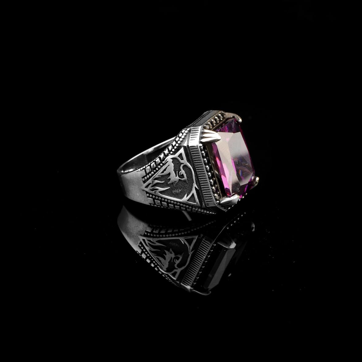 Vintage Amethyst Eagle Signet Ring – Handmade Sterling Silver Ring for Men with Gemstone – Custom Engraved Engagement Ring – Mens Silver Rings with Gift Silver Polishing Cloth