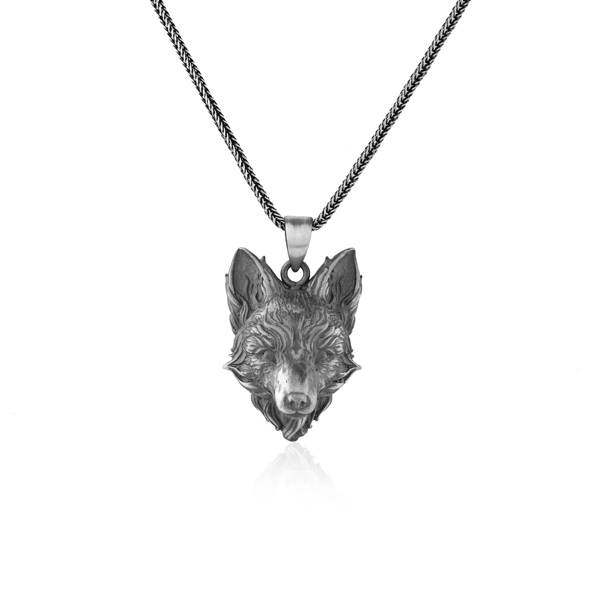 Sterling Silver Wolf Necklace – Gothic Animal Pendant – Biker Mens Necklace with Silver Chain & Silver Cleaning Cloth Gift