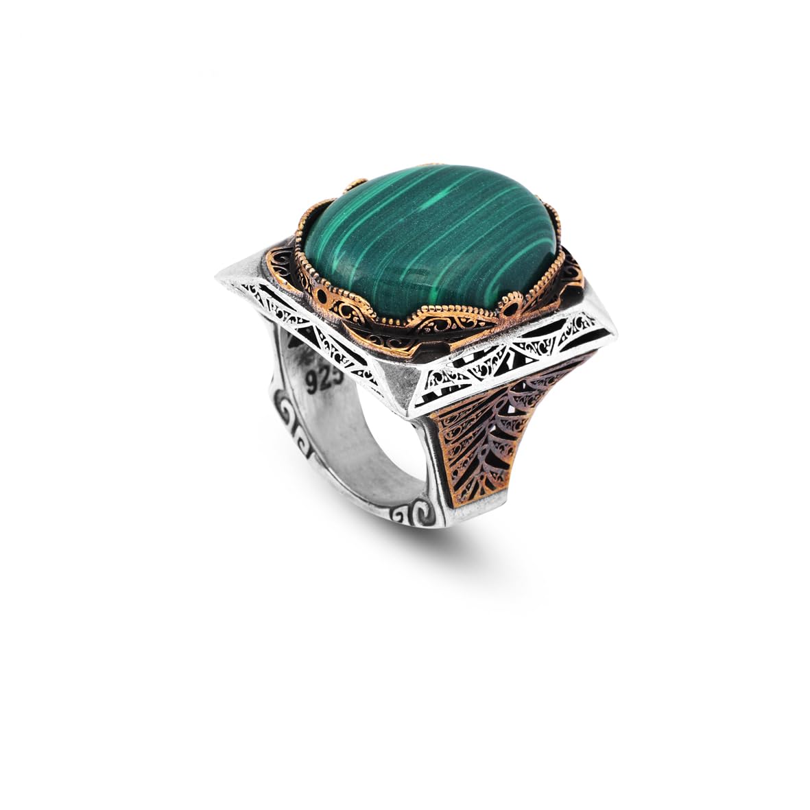 Malachite Ring - Oval Large Gemstone Ring Ottoman Men Vintage Handmade 925 Sterling Silver Rings for Men with Silver Polishing Cloth Gift