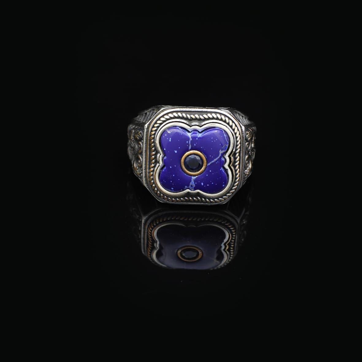 Vintage Handmade Lapis Lazuli Ring with Black Onyx and Micro Stone - 925 Sterling Silver Men's Ring with Gemstone and Silver Polishing Cloth Gift