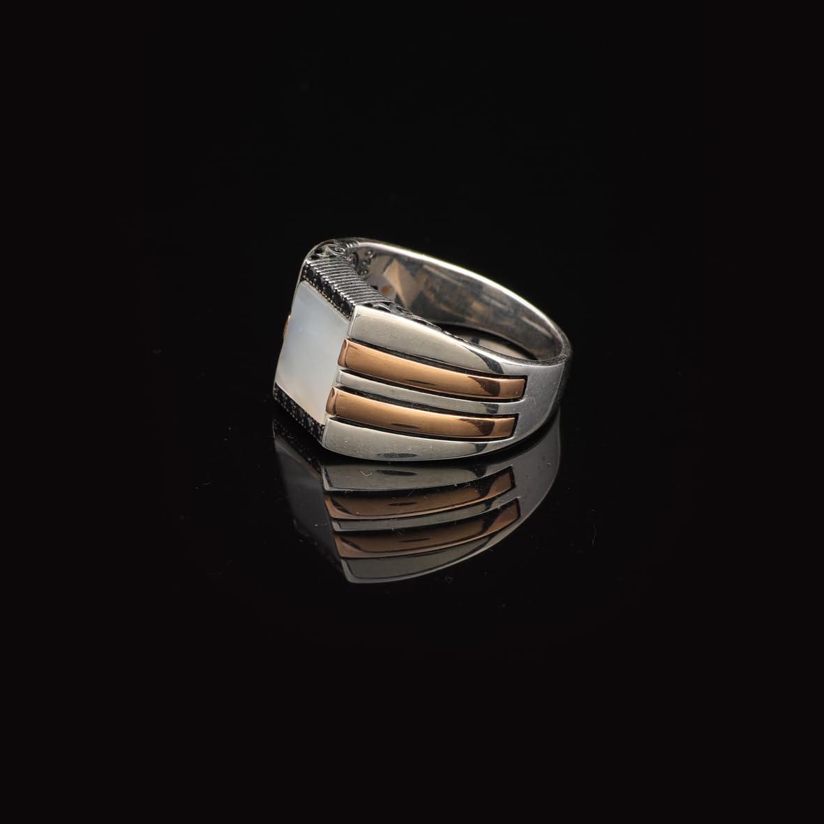 Handmade Mother of Pearl Gemstone Signet Pinky Ring - Vintage 925 Sterling Silver Men's Engagement Ring - Polished Finish with Custom Engraving & Silver Polishing Cloth Gift
