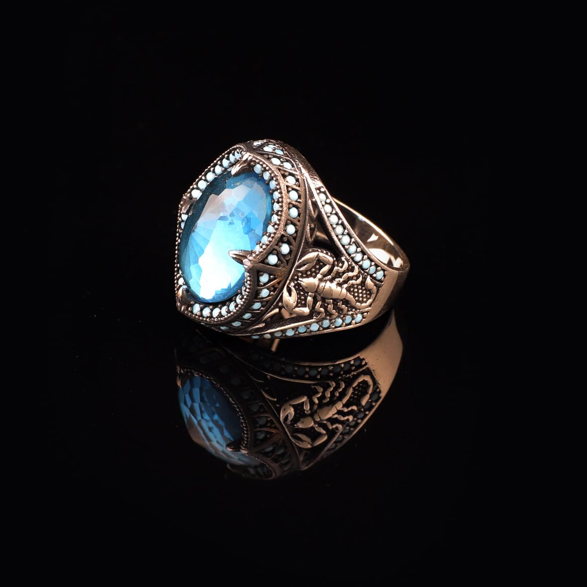 Handmade 925 Sterling Silver Scorpion Ring for Men - Man Silver Aquamarine Stone Ring - Unique Gemstone Jewelry with Aquamarine Stone and Silver Polishing Cloth Gift