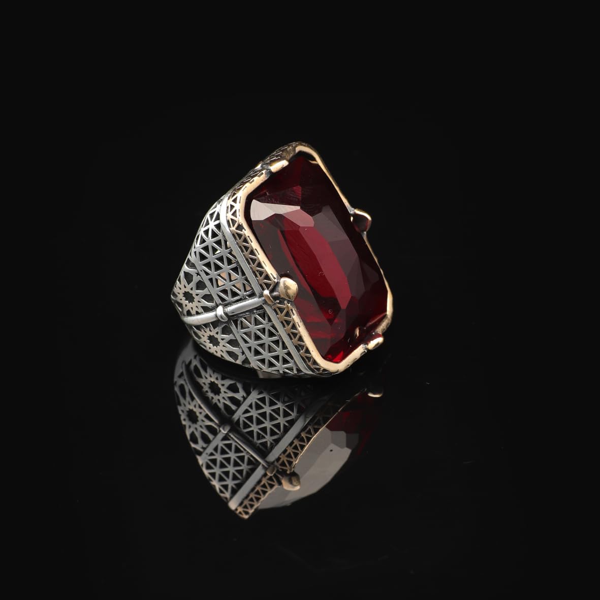 Vintage Large Garnet Ring for Men - 925 Sterling Silver Turkish Handmade Polished Engagement Ring with Silver Polishing Cloth Gift
