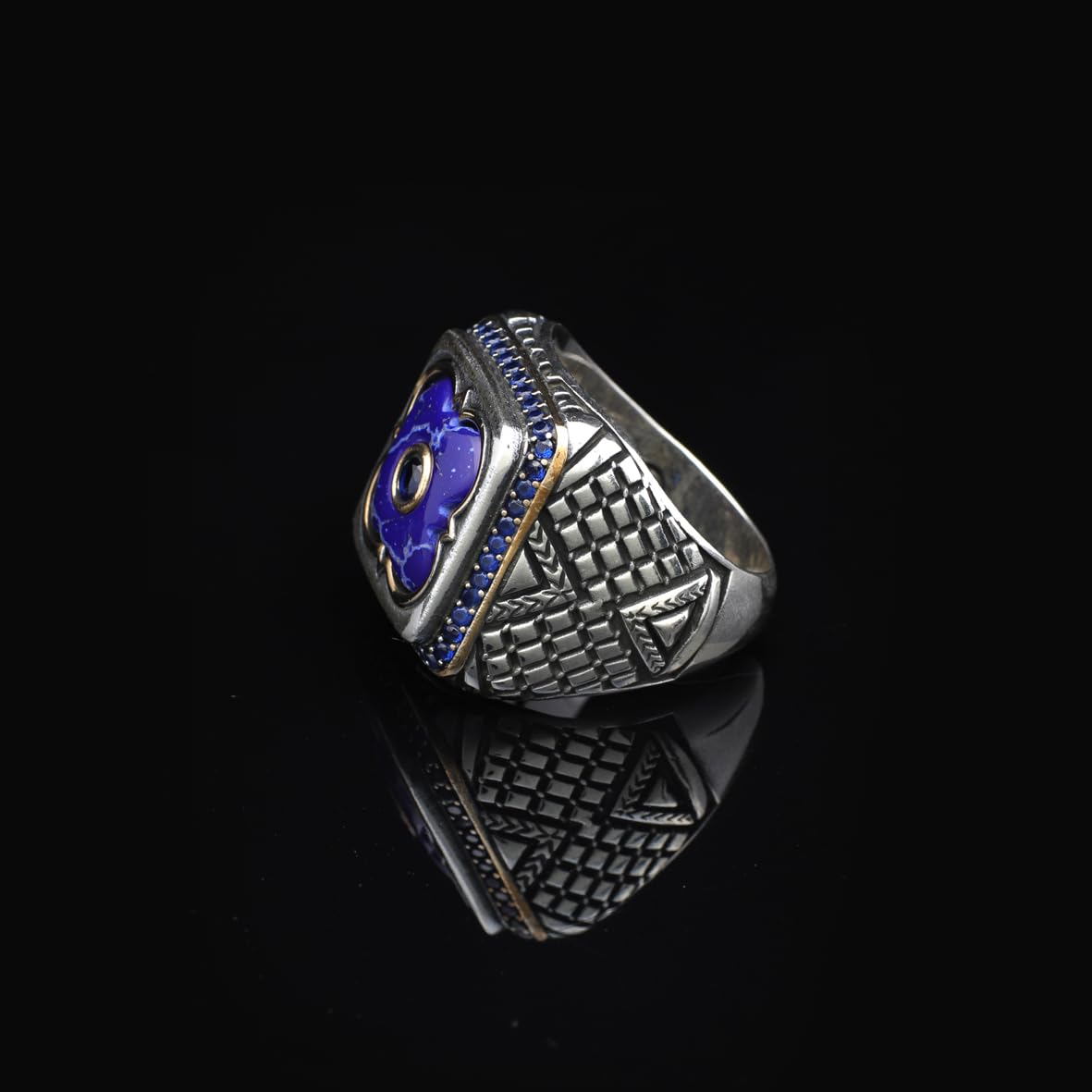 Lapis Lazuli and Onyx Men's Ring with Micro Stone Accents - Vintage Handmade 925 Sterling Silver Jewelry