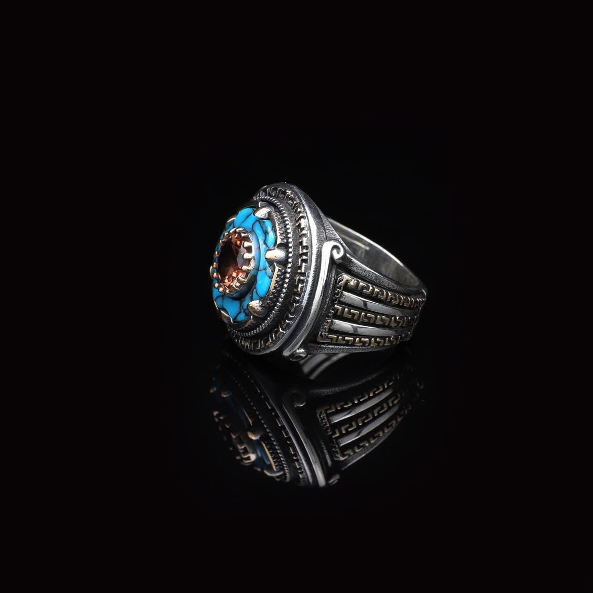 925 Sterling Silver Rotating Ring with Turquoise and Tiger Eye - Ottoman Inspired Men's Jewelry - Birthday Gifts