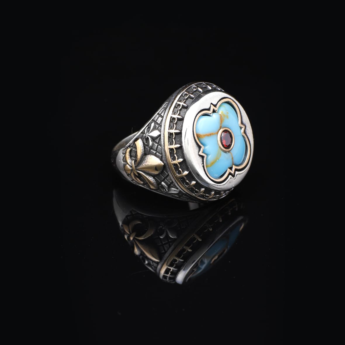 Genuine Turquoise Mens Ring with Micro Ruby Stone - Vintage Handmade 925 Sterling Silver Men's Ring with Silver Polishing Cloth Gift