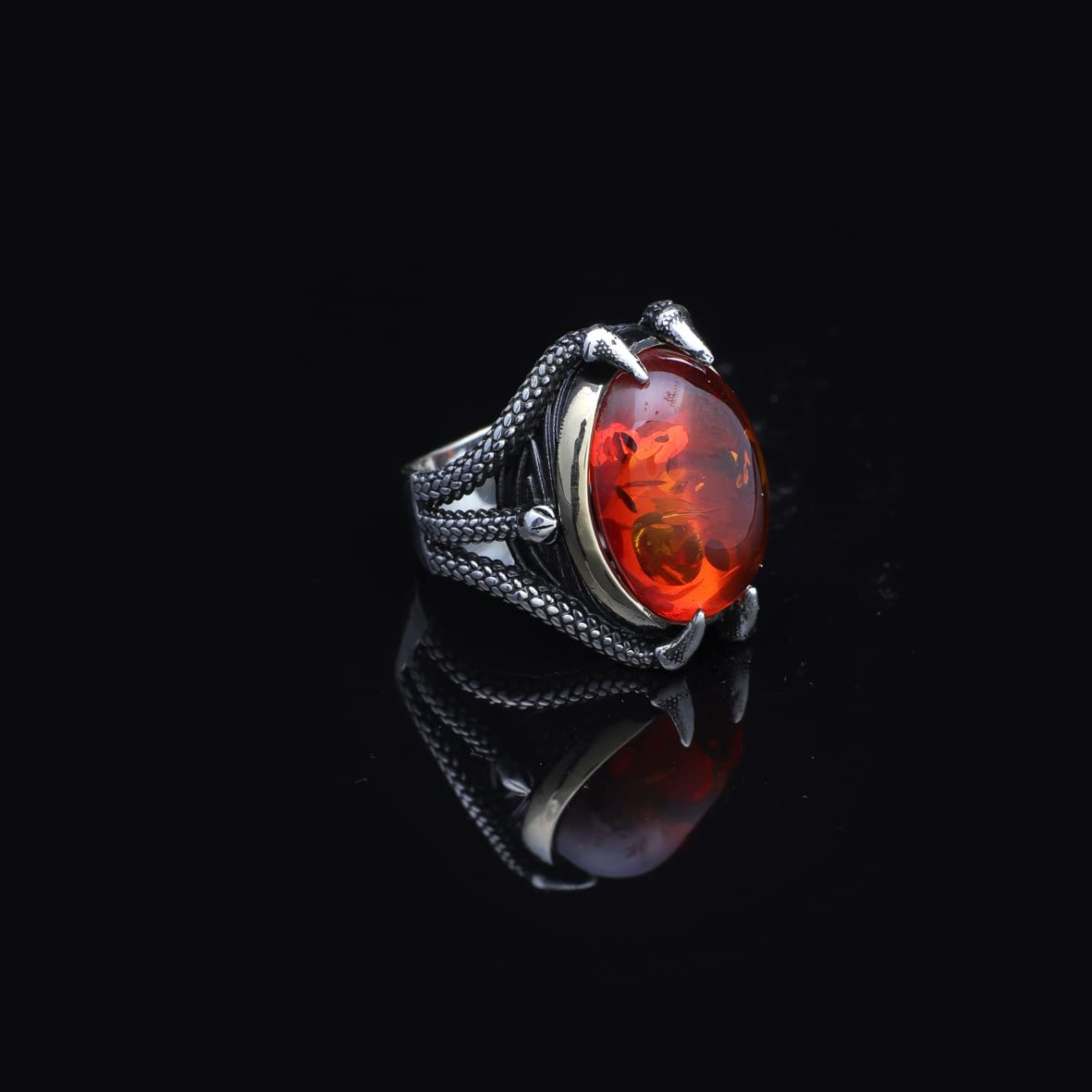 925K Sterling Silver Amber Stone Ring